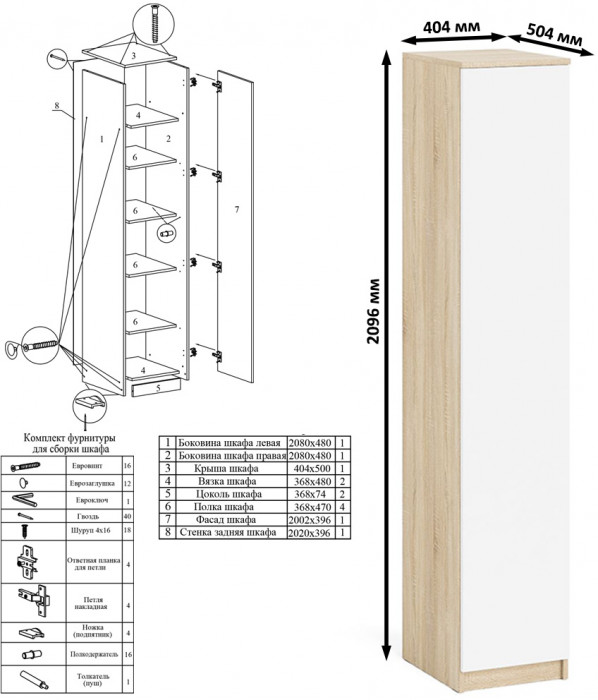 Мори Стол письменный МСП1200.1 + Пенал МШ400.1, цвет дуб сонома/белый, ШхГхВ 160,8х50,4х209,6 см., универсальная сборка
