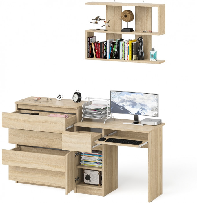 Мори компьютерный стол МС-1 левый + Комод МК800.4 + Полка 900, дуб сонома
