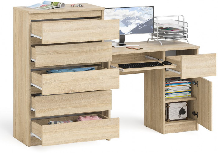 Мори компьютерный стол МС-1 правый + Комод МК700.5, дуб сонома