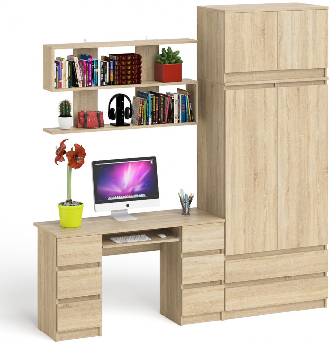 Мори компьютерный стол МС-2 + Шкаф МШ900.1 + Антресоль МА900.1 + Полка 1200, дуб сонома