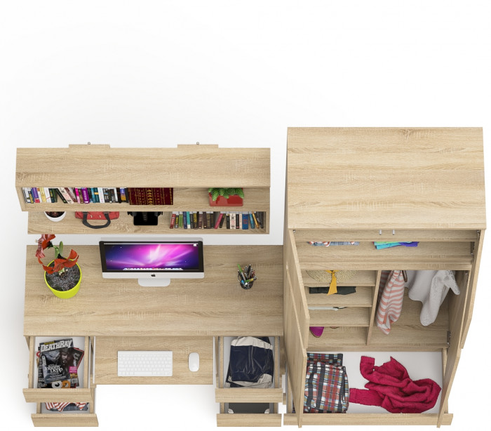 Мори компьютерный стол МС-2 + Шкаф МШ900.1 + Антресоль МА900.1 + Полка 1200, дуб сонома