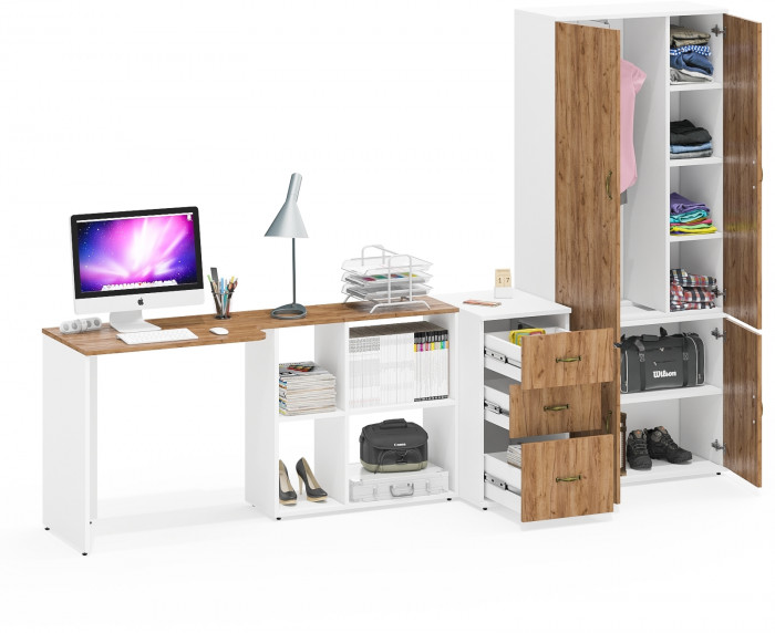 Лидер-8 Стол + Тумба МД 3.16 + Шкаф МД 20Б, цвет белый шагрень/крафт золото, ШхГхВ 285х50/37,5х75/190 или 115х200/50х75/190 см., НЕ ун. сборка