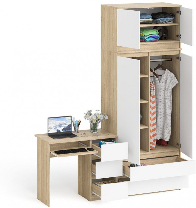 Мори Стол компьютерный МС-6 правый + Шкаф МШ900.1 + Антресоль МА900.1, цвет дуб сонома/белый, ШхГхВ 180,4х50,4х234,2 см., выд. ящ. справа, НЕ ун. сб.