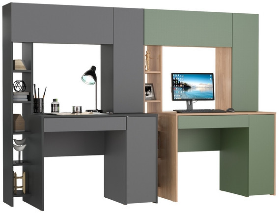 Два стола компьютерных Комфорт 12.71, цвет антрацит/тёмно-серый/гикори рокфорд натуральный/дымчатый зелёный, ШхГхВ 233,4х60,2х165,4 см., НЕ ун. сб.