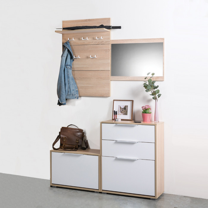 Куба Прихожая 4, обувница 13.58 + Вешалка 10.122 + обувница 13.113 + Зеркало, цвет дуб сонома/белый премиум, ШхГхВ 130х38,3х210,6 см., ун. сборка