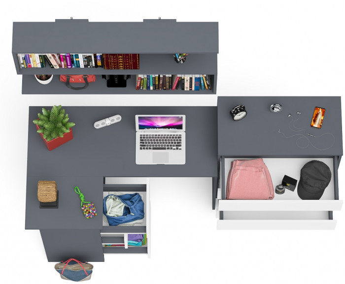 Мори компьютерный стол МС-16 левый + Комод МК800.4 + Полка 1200, графит/белый