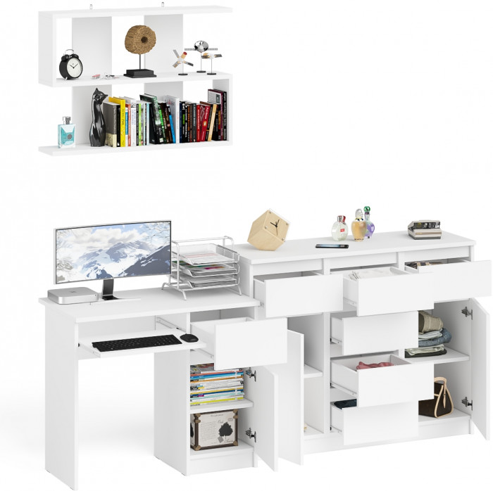 Мори Стол компьютерный МС-1 правый + Комод МК1200.4 + Полка 900, цвет белый, ШхГхВ 210,4х50х209,6 см., НЕ универсальная сборка