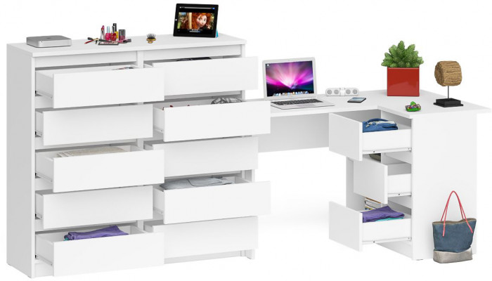 Мори Стол компьютерный МС-16 правый + Комод МК1200.10, цвет белый, ШхГхВ 244,8х84,9х115 см., выдвижные ящики справа, НЕ универсальная сборка