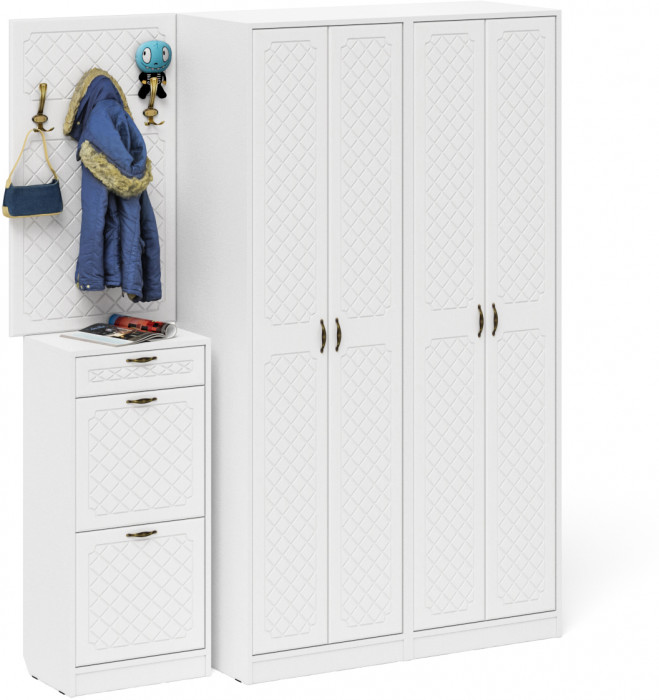 Прихожая П-6 Компоновка № 15, белая шагрень/фасады МДФ белое дерево фрезеровка ромб