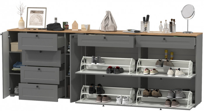 Остин 16.221 Комод + 16.121 Тумба для обуви + 16.121 Тумба для обуви, цвет серый графит/дуб крафт золотой, ШхГхВ 280х41,9х99,3 см., ун. сборка