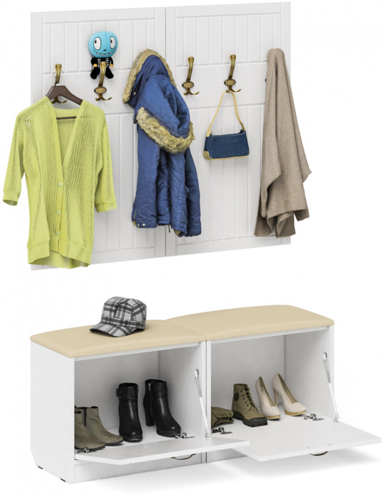 Прихожая П-6 Компоновка № 01, цвет белая шагрень/фасады МДФ белое дерево фрезеровка прованс, ШхГхВ 120х35х200 см.