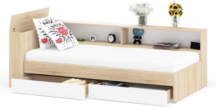 Ксения Кровать с ящиками 0900 + прикроватный блок, дуб сонома/белый