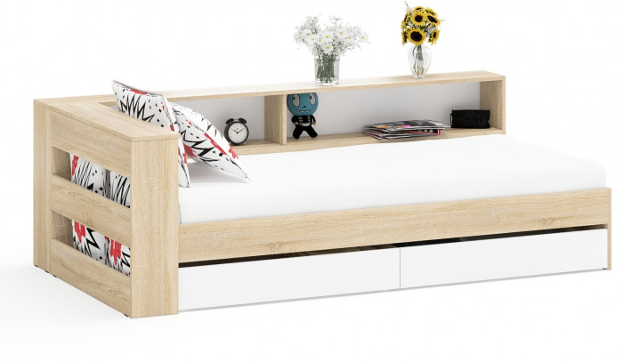 Ксения Кровать с ящиками 0900 + прикроватный блок, дуб сонома/белый