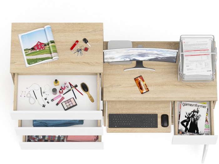 Мори компьютерный стол МС-1 правый + Комод МК700.5, дуб сонома/белый