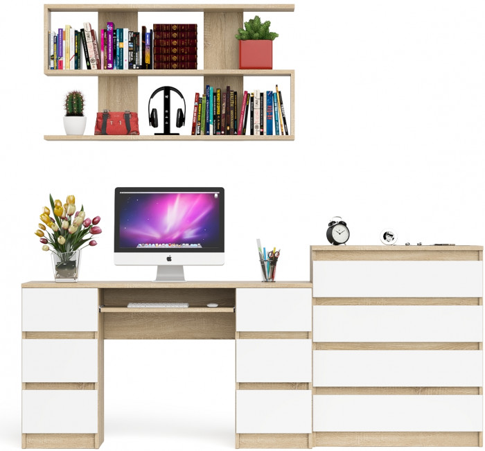 Мори компьютерный стол МС-2 + Комод МК800.4 + Полка 1200, дуб сонома/белый