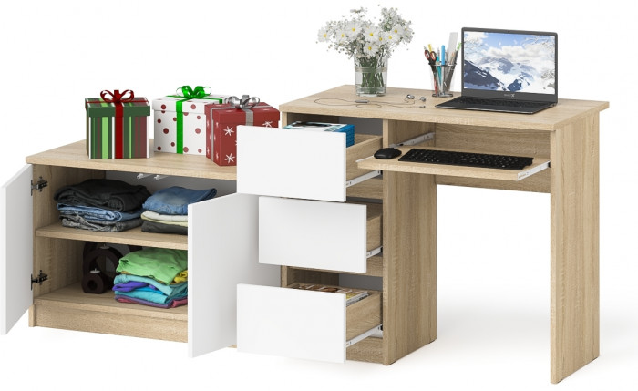 Мори компьютерный стол МС-6 левый + Тумба МА900.1, дуб сонома/белый