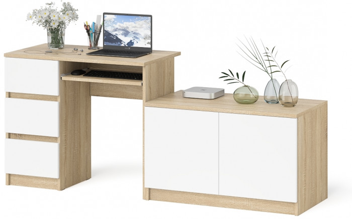 Мори компьютерный стол МС-6 левый + Тумба МА900.1, дуб сонома/белый