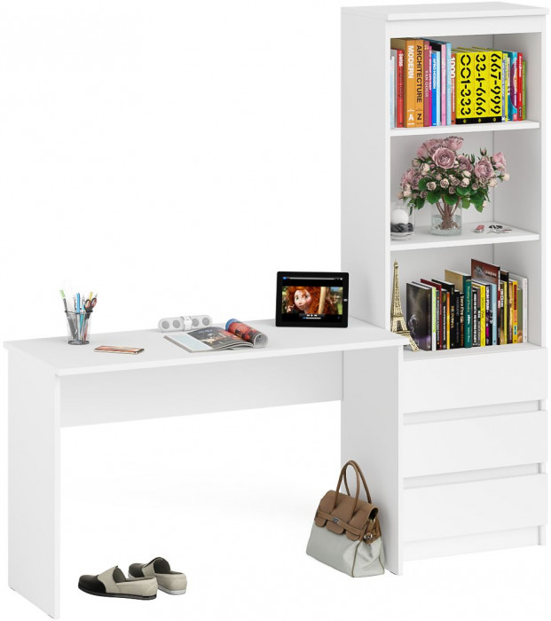 Мори письменный стол МСП1200.1 + Стеллаж МСТ600.3, белый