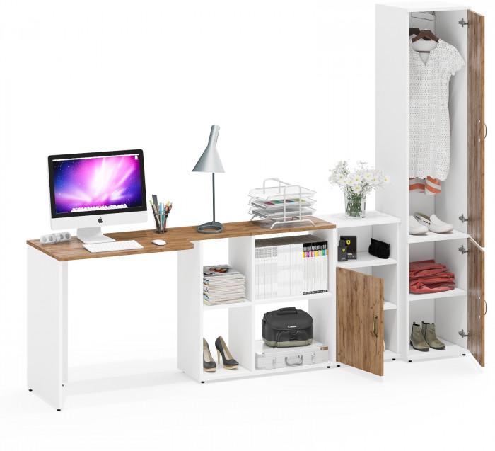 Лидер-8 Стол + Тумба МД 3.19 + Пенал МД 21Б, цвет белый шагрень/крафт золото, ШхГхВ 245х50/37,5х75/190 или 115х160/50х75/190 см., НЕ ун. сборка