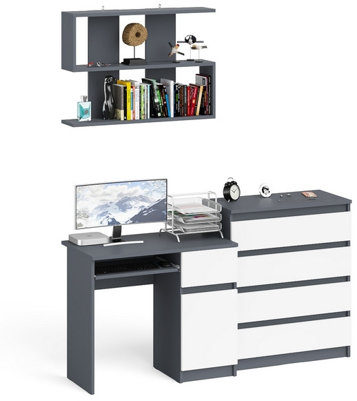 Мори компьютерный стол МС-1 правый + Комод МК800.4 + Полка 900, графит/белый