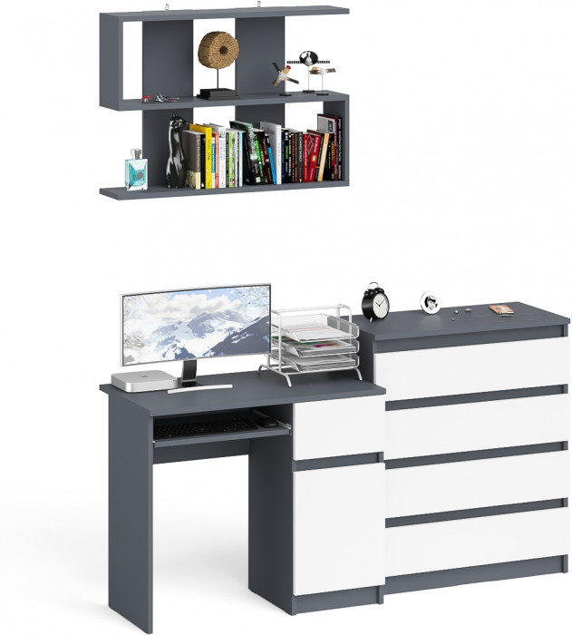 Мори компьютерный стол МС-1 правый + Комод МК800.4 + Полка 900, графит/белый