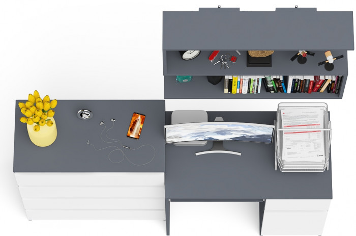 Мори компьютерный стол МС-1 правый + Комод МК800.4 + Полка 900, графит/белый