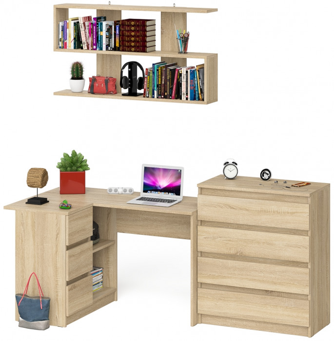 Мори компьютерный стол МС-16 левый + Комод МК800.4 + Полка 1200, дуб сонома