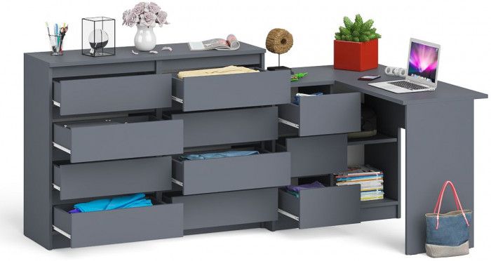 Мори Стол компьютерный МС-16 левый + Комод МК1200.8, цвет графит, ШхГхВ 244,8х84,9х94 см., выдвижные ящики слева, НЕ универсальная сборка