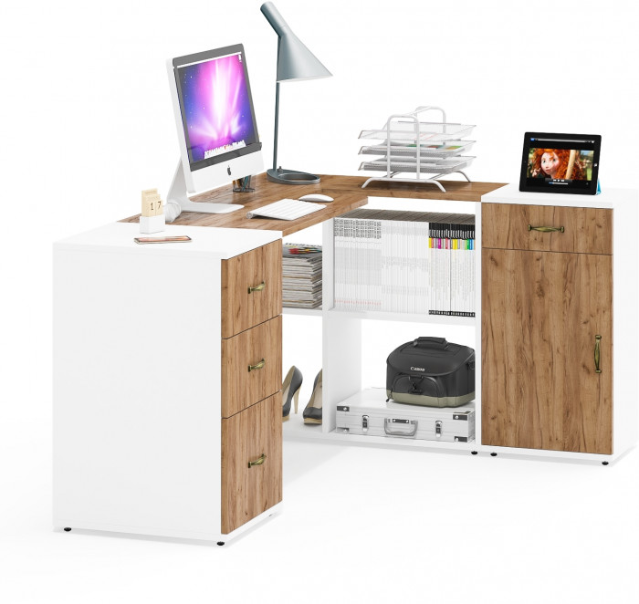 Лидер-8 Стол + Тумба МД 3.15 + Тумба МД 3.16, белый шагрень/крафт золото