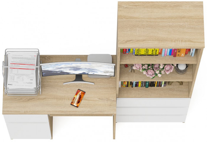 Мори Стол компьютерный МС-1 левый + Стеллаж МСТ600.3, цвет дуб сонома/белый, ШхГхВ 150,4х50х179,6 см., выдвижной ящик слева, НЕ универсальная сборка