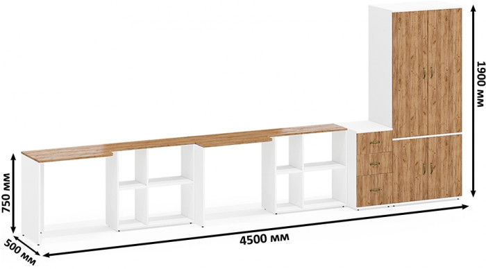 Лидер-8 Стол + Стол + Шкаф МД 19Б + Тумба МД 3.16, белый шагрень/крафт золото