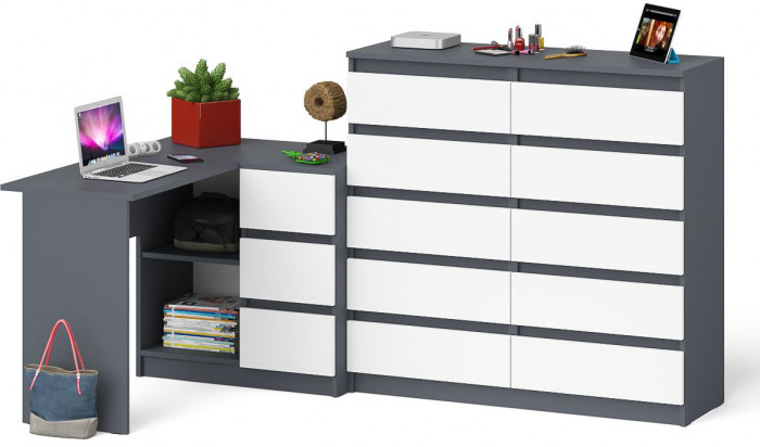 Мори Стол компьютерный МС-16 правый + Комод МК1200.10, цвет графит/белый, ШхГхВ 244,8х84,9х115 см., выдвижные ящики справа, НЕ универсальная сборка