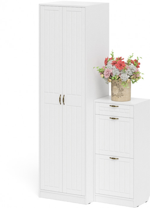 Прихожая П-6 Компоновка № 16, белая шагрень/фасады МДФ белое дерево фрезеровка прованс