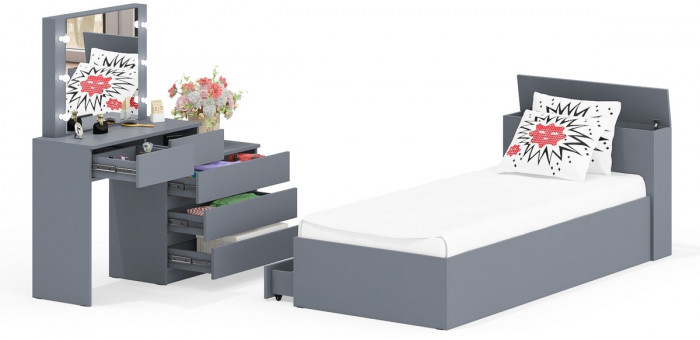 Ксения Кровать с ящиками 0900 + Стол косметический с подсветкой 110, графит