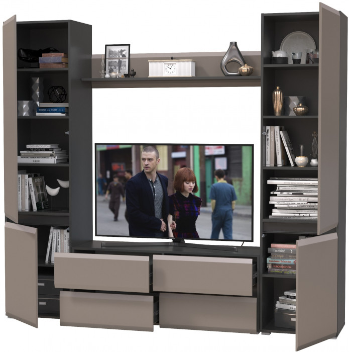 Сидней Комплектация № 047, цвет корпус: антрацит/фасады: МДФ веллюто капучино, ШхГхВ 229,9х41,3х205,2 см., ниша для ТВ 129х41х98 см., универс. сборка