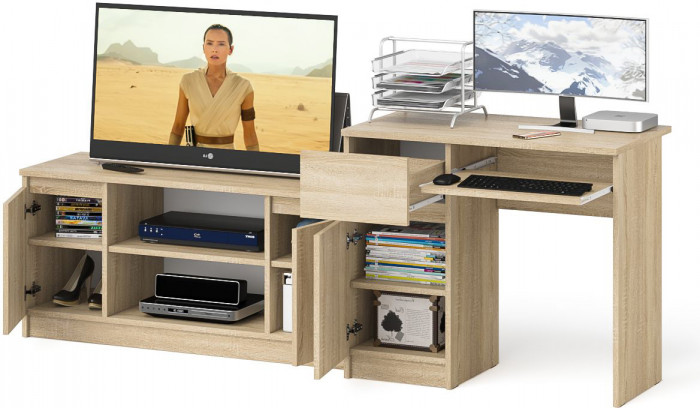 Мори Стол компьютерный МС-1 левый + Тумба МТВ1200.1, цвет дуб сонома, ШхГхВ 210,4х50х76,6 см., выдвижной ящик слева, НЕ универсальная сборка
