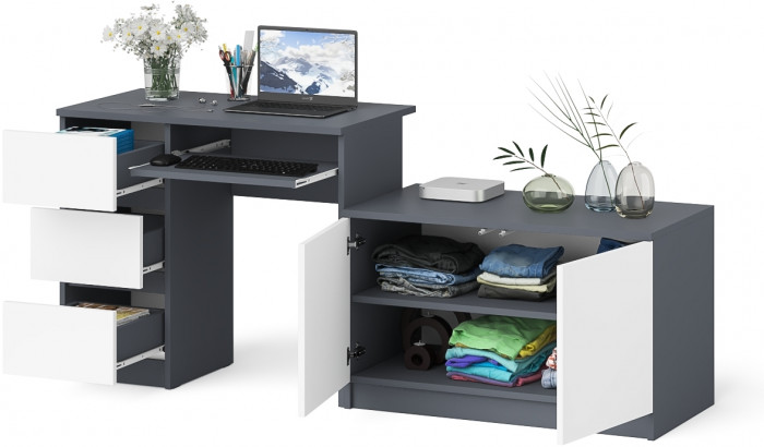 Мори компьютерный стол МС-6 левый + Тумба МА900.1, графит/белый