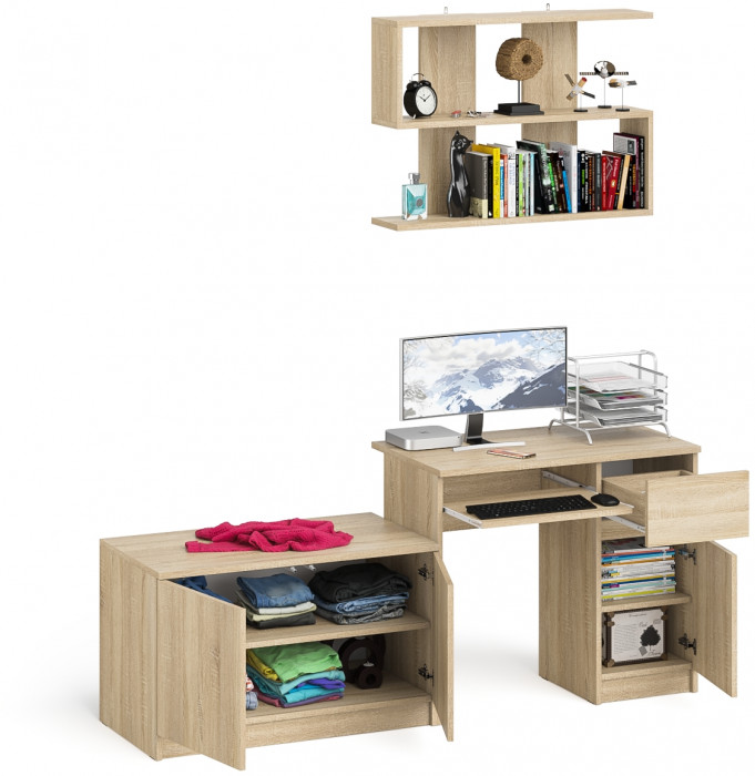 Мори Стол компьютерный МС-1 правый + Тумба МА900.1 + Полка 900, цвет дуб сонома, ШхГхВ 180,4х50,4х209,6 см., НЕ универсальная сборка