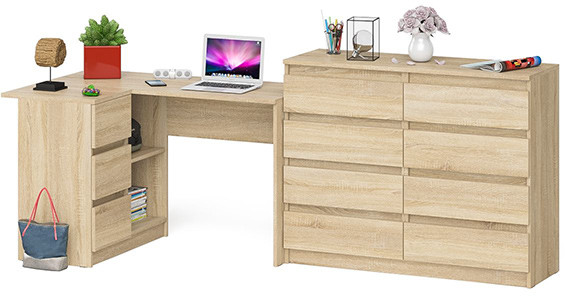 Мори Стол компьютерный МС-16 левый + Комод МК1200.8, цвет дуб сонома, ШхГхВ 244,8х84,9х94 см., выдвижные ящики слева, НЕ универсальная сборка