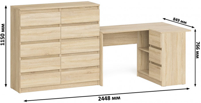 Мори Стол компьютерный МС-16 правый + Комод МК1200.10, цвет дуб сонома, ШхГхВ 244,8х84,9х115 см., выдвижные ящики справа, НЕ универсальная сборка