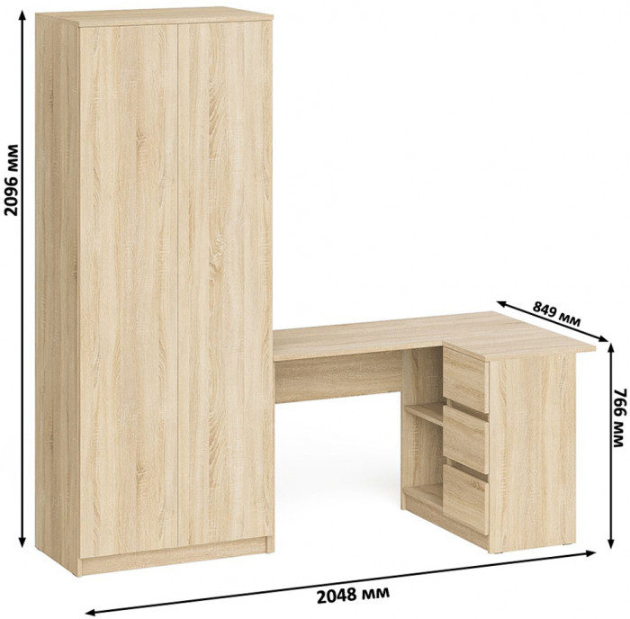 Мори Стол компьютерный МС-16 правый + Шкаф МШ800.1, цвет дуб сонома, ШхГхВ 204,8х84,9х209,6 см., выдвижные ящики справа, НЕ универсальная сборка