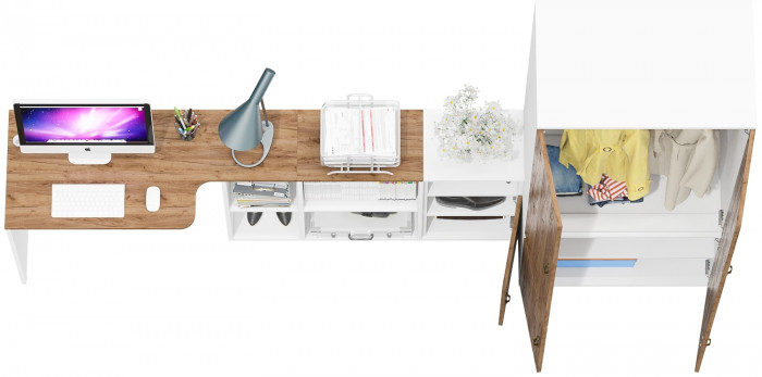 Лидер-8 Стол + Тумба МД 3.19 + Шкаф МД 19Б, цвет белый шагрень/крафт золото, ШхГхВ 285х50/37,5х75/190 или 115х200/50х75/190 см., НЕ ун. сборка