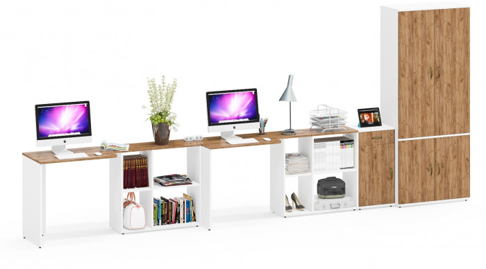 Лидер-8 Стол + Стол + Шкаф МД 20Б + Тумба МД 3.15, белый шагрень/крафт золото