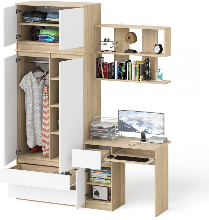 Мори компьютерный стол МС-1 левый + Шкаф МШ900.1 + Антресоль МА900.1 + Полка 900, дуб сонома/белый
