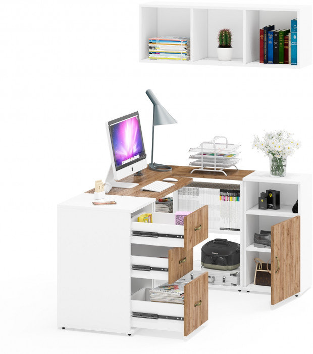 Лидер-8 Стол + Полка + Тумба МД 3.16 + Тумба МД 3.19, цвет белый шагрень/крафт золото, ШхГхВ 245х50/30х75/190 или 155х120/50х75/190 с, НЕ универс. сб.