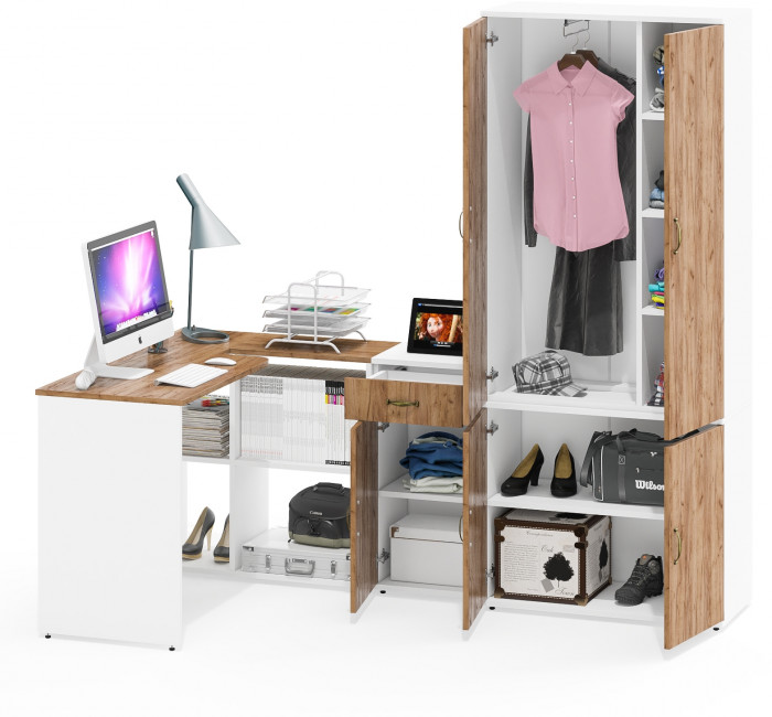 Лидер-8 Стол + Тумба МД 3.15 + Шкаф МД 20Б, белый шагрень/крафт золото