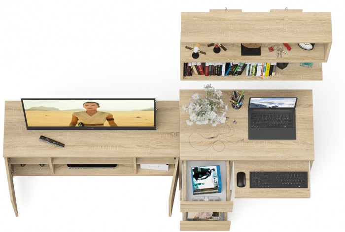 Мори компьютерный стол МС-6 левый + Тумба МТВ1200.1 + Полка 900, дуб сонома