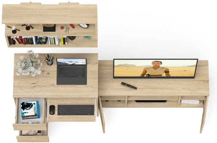 Мори компьютерный стол МС-6 левый + Тумба МТВ1200.1 + Полка 900, дуб сонома