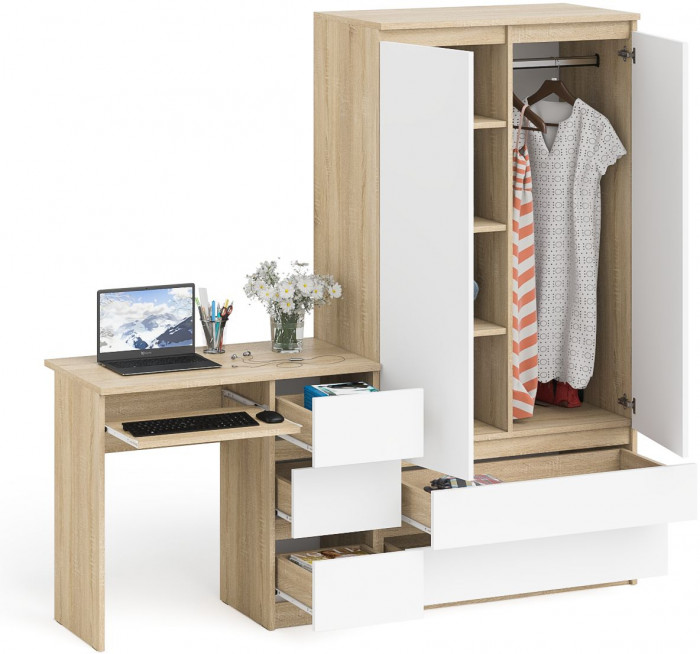 Мори компьютерный стол МС-6 правый + Шкаф МШ900.1, дуб сонома/белый