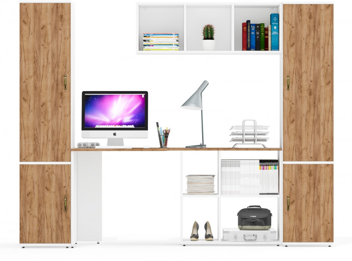 Лидер-8 Пенал МД 23Б + Стол + Полка + Пенал 21Б, цвет белый шагрень/крафт золото, ШхГхВ 245х50х190 или 155х120/50х75/190 см., НЕ универсальная сборка